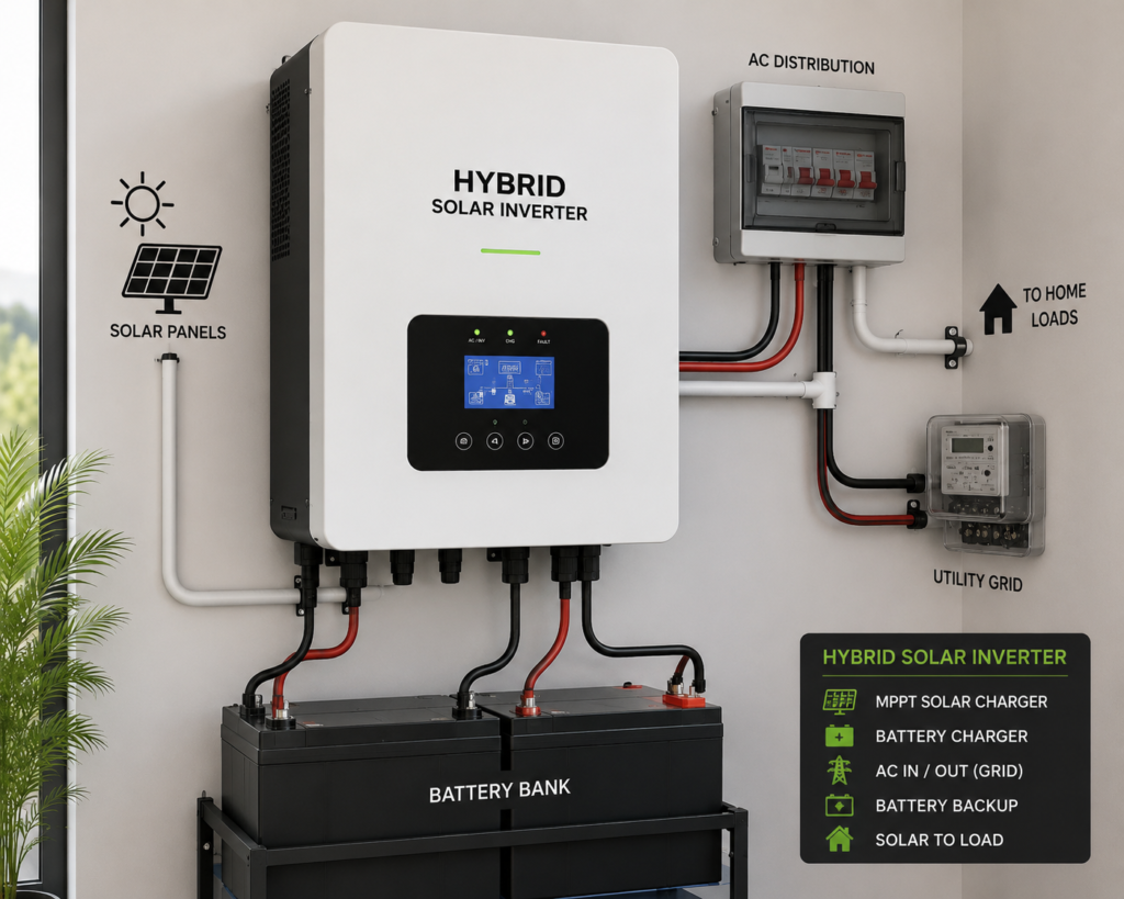 Hybrid solar inverter connected to battery storage