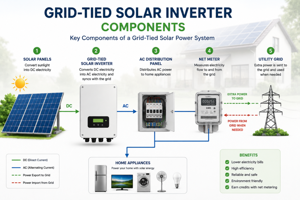 Main components of grid-tied solar inverter system