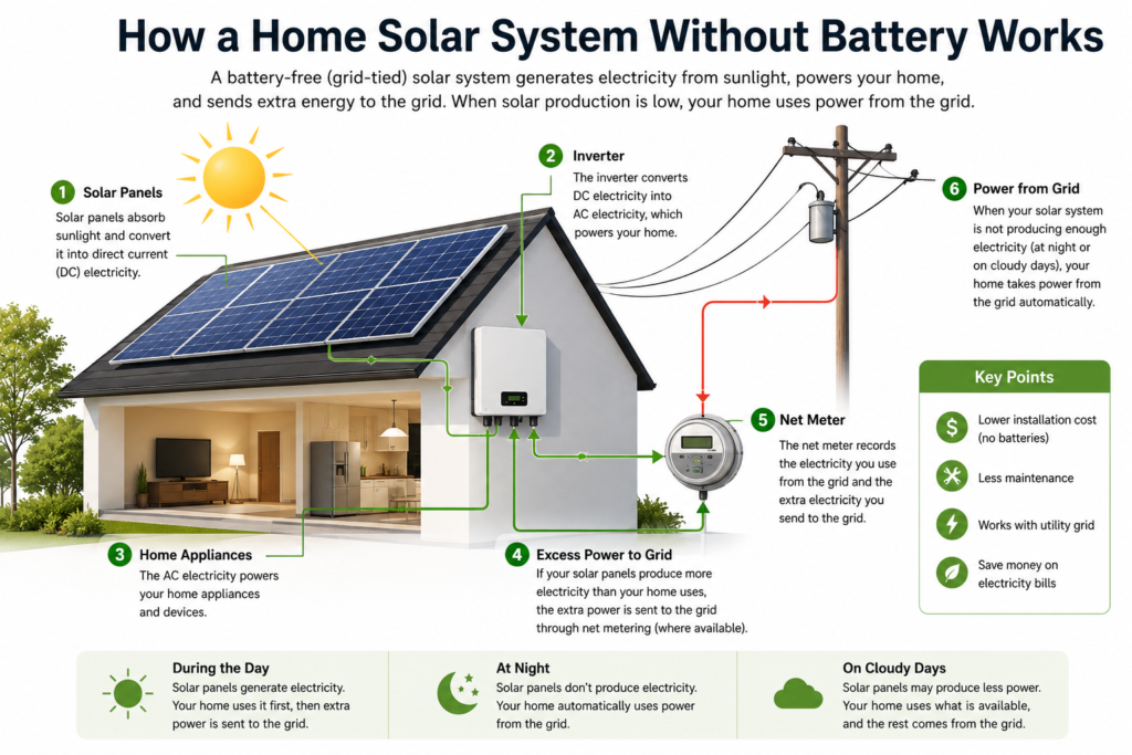 How a home solar system without battery works