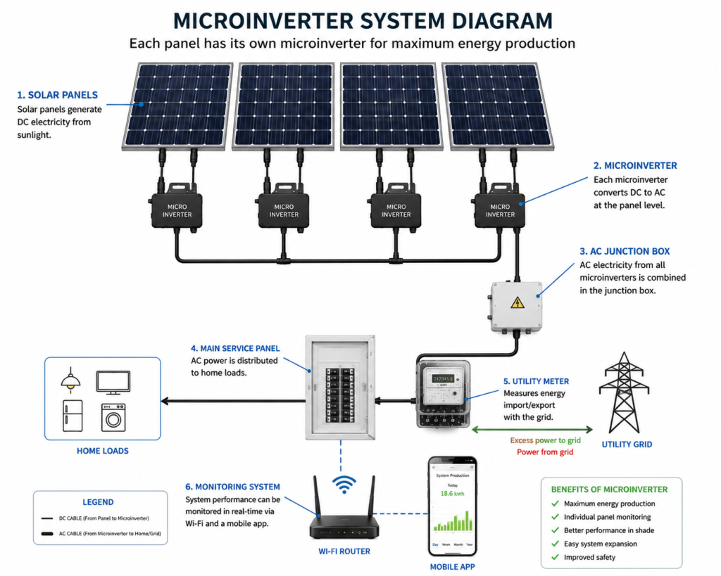 Diagram showing how a microinverter works with individual solar panels