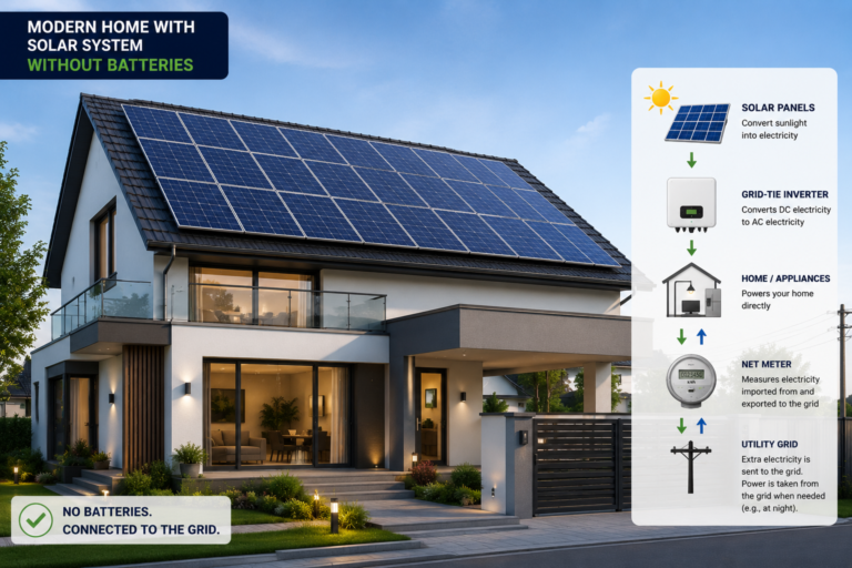 solar system without battery installed on a modern house