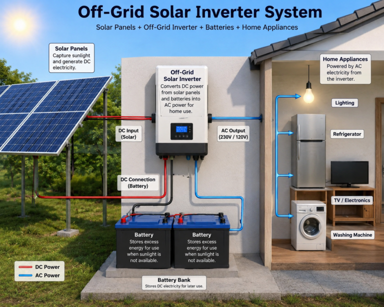 Off-grid solar inverter connected to solar panels, batteries, and home appliances