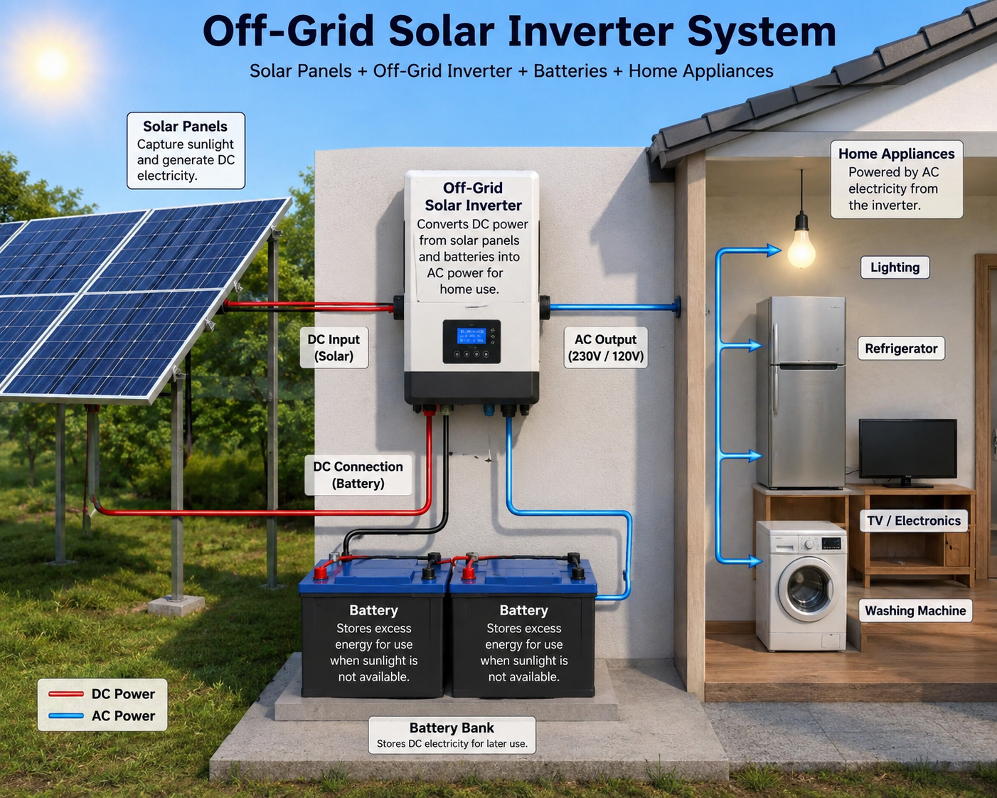 Off-grid solar inverter connected to solar panels, batteries, and home appliances