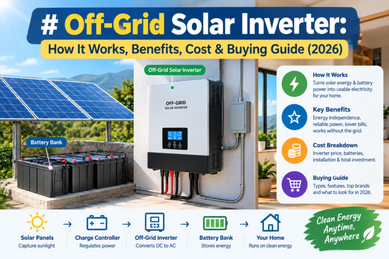 Off-grid solar inverter connected to solar panels and a battery bank, illustrating how it works, its benefits, costs, and buying considerations for homeowners in 2026.