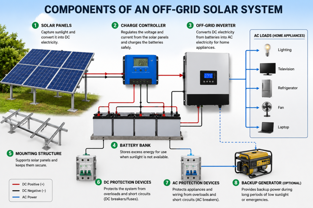 Main components of an off-grid solar system including inverter, batteries, and solar panels