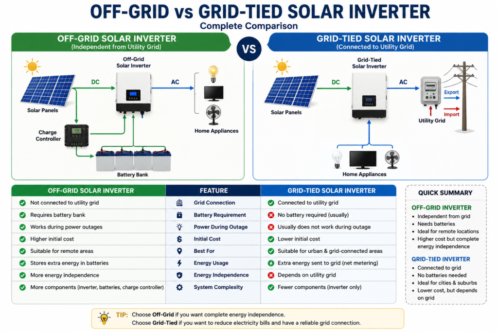 Comparison between off-grid and grid-tied solar inverters