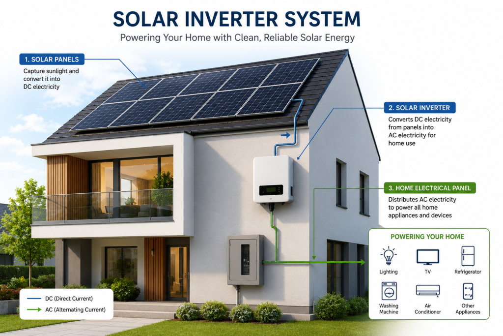 Modern rooftop solar panels connected to a wall-mounted solar inverter in a residential home