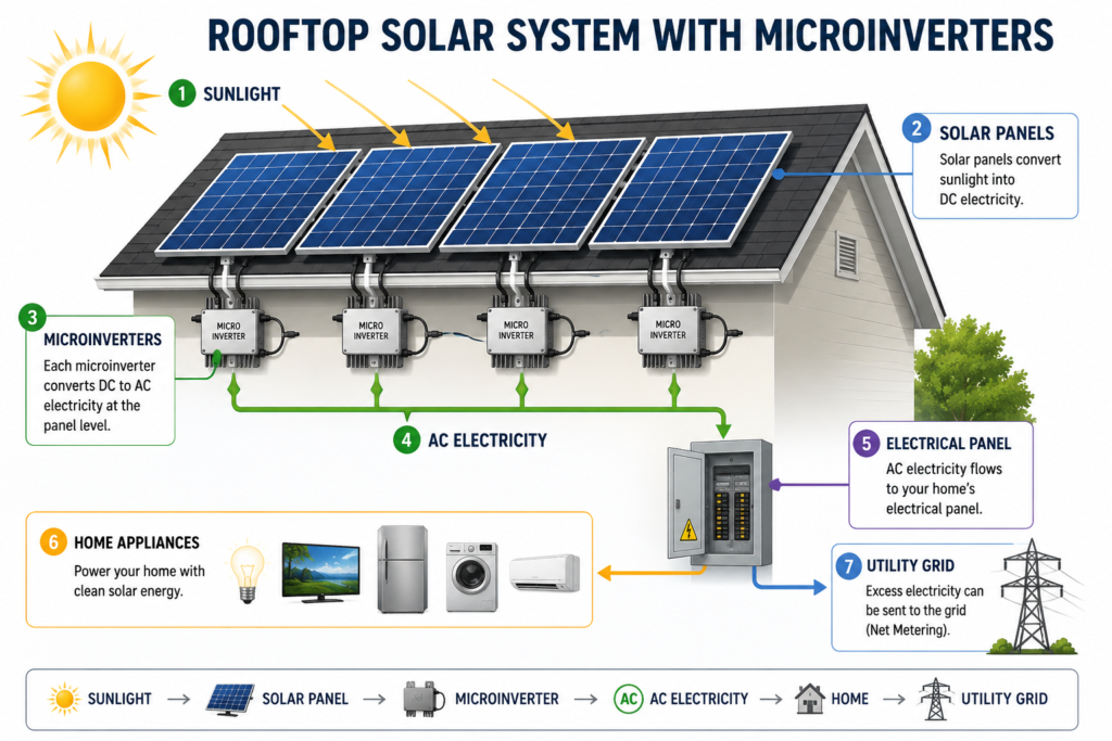 Solar panel microinverter installed in a residential solar system
