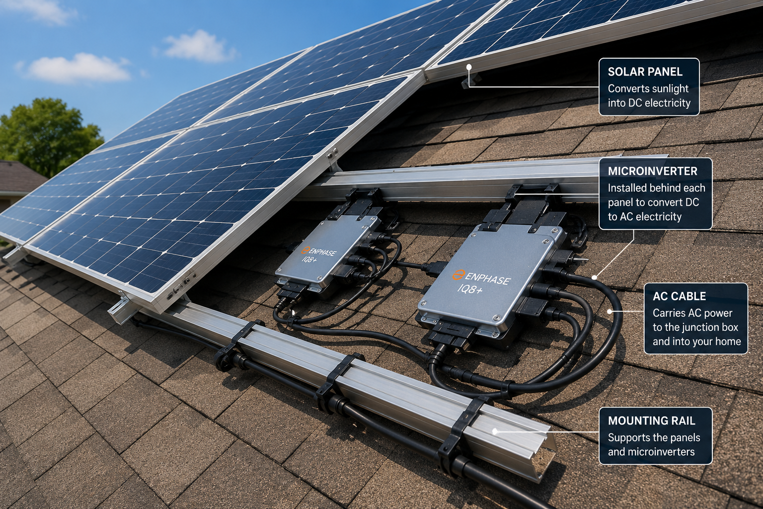 Solar panel microinverters installed behind rooftop solar panels.