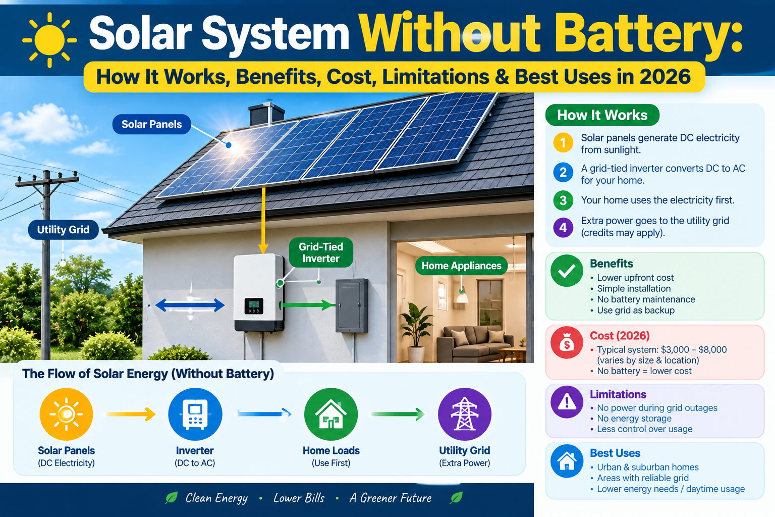 This image shows solar system without battery complete guide including how it works, benefits, cost and buying guide