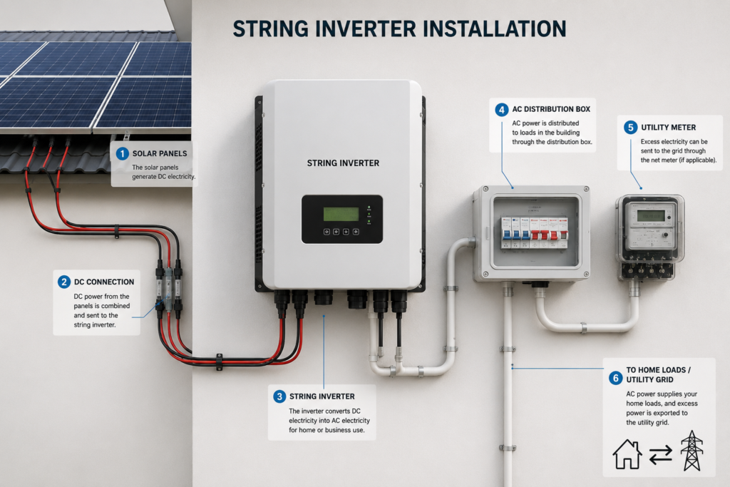 String solar inverter installed in a home solar power system