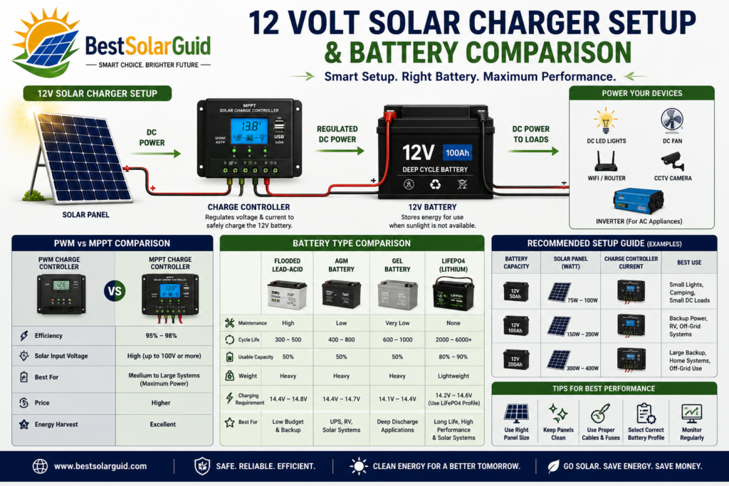 12V solar charger comparison showing PWM and MPPT controllers and different battery types