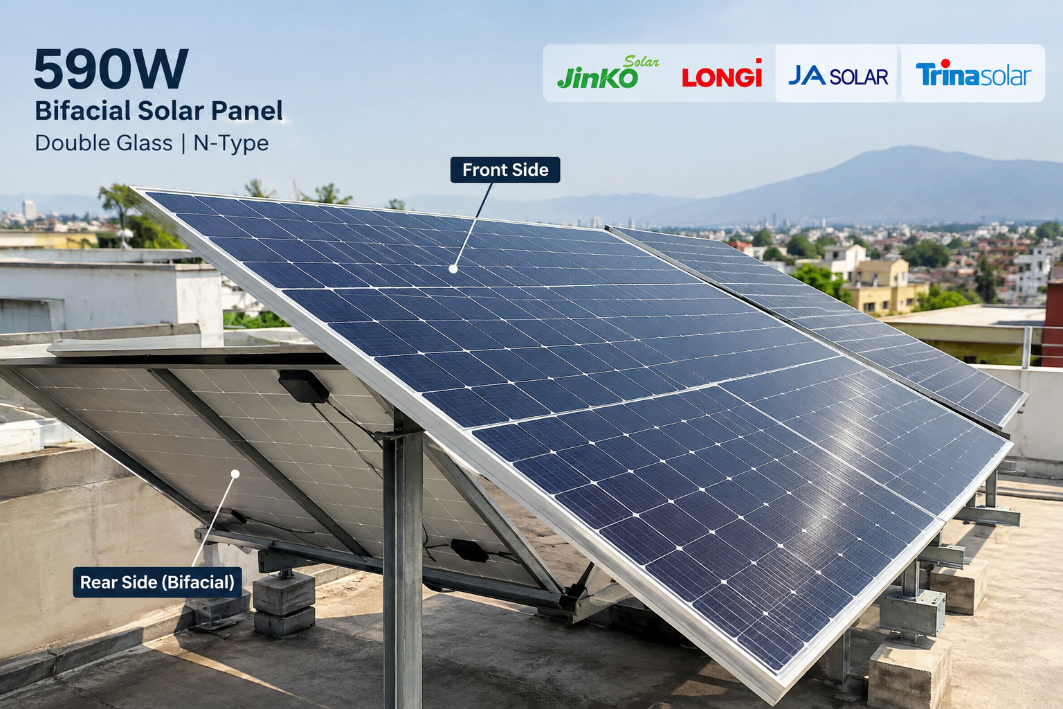 590 watt bifacial solar panel installed on rooftop