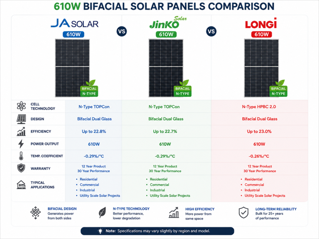 Comparison of JA Solar, Jinko and LONGi 610W bifacial solar panels
