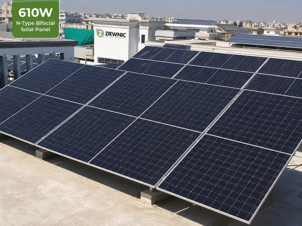 610W N-Type bifacial solar panels installed on a rooftop in Pakistan