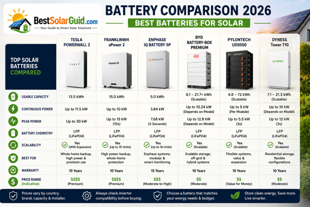 Best solar batteries comparison for home energy storage in 2026