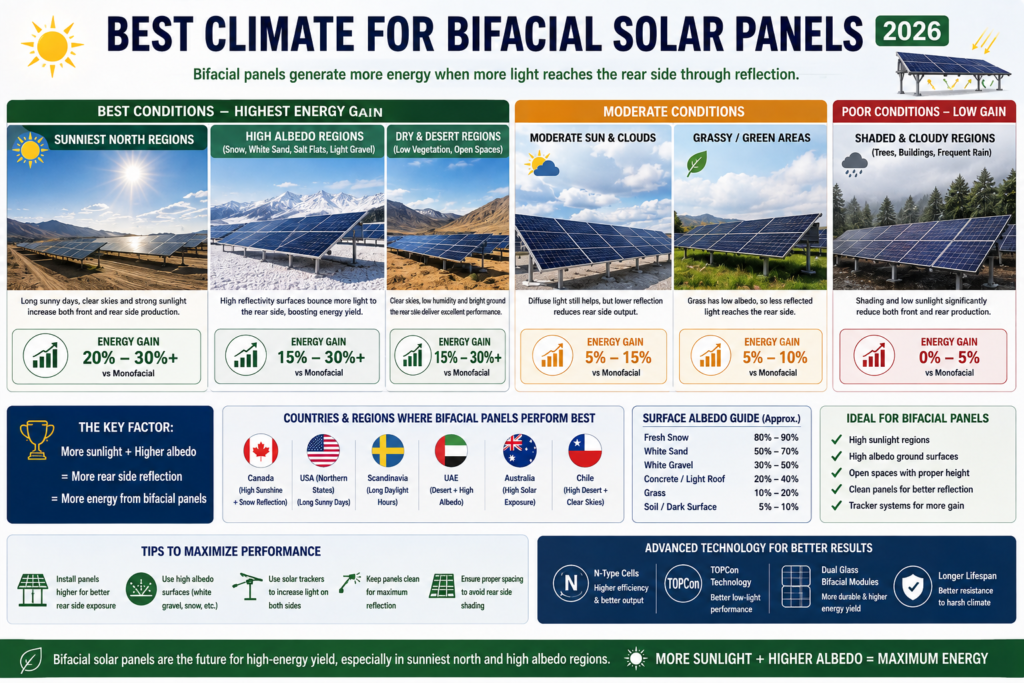 Best climate conditions for bifacial solar panels including sunny, snowy and high-albedo regions