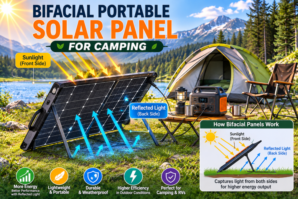 Bifacial portable solar panel positioned on a stand for camping