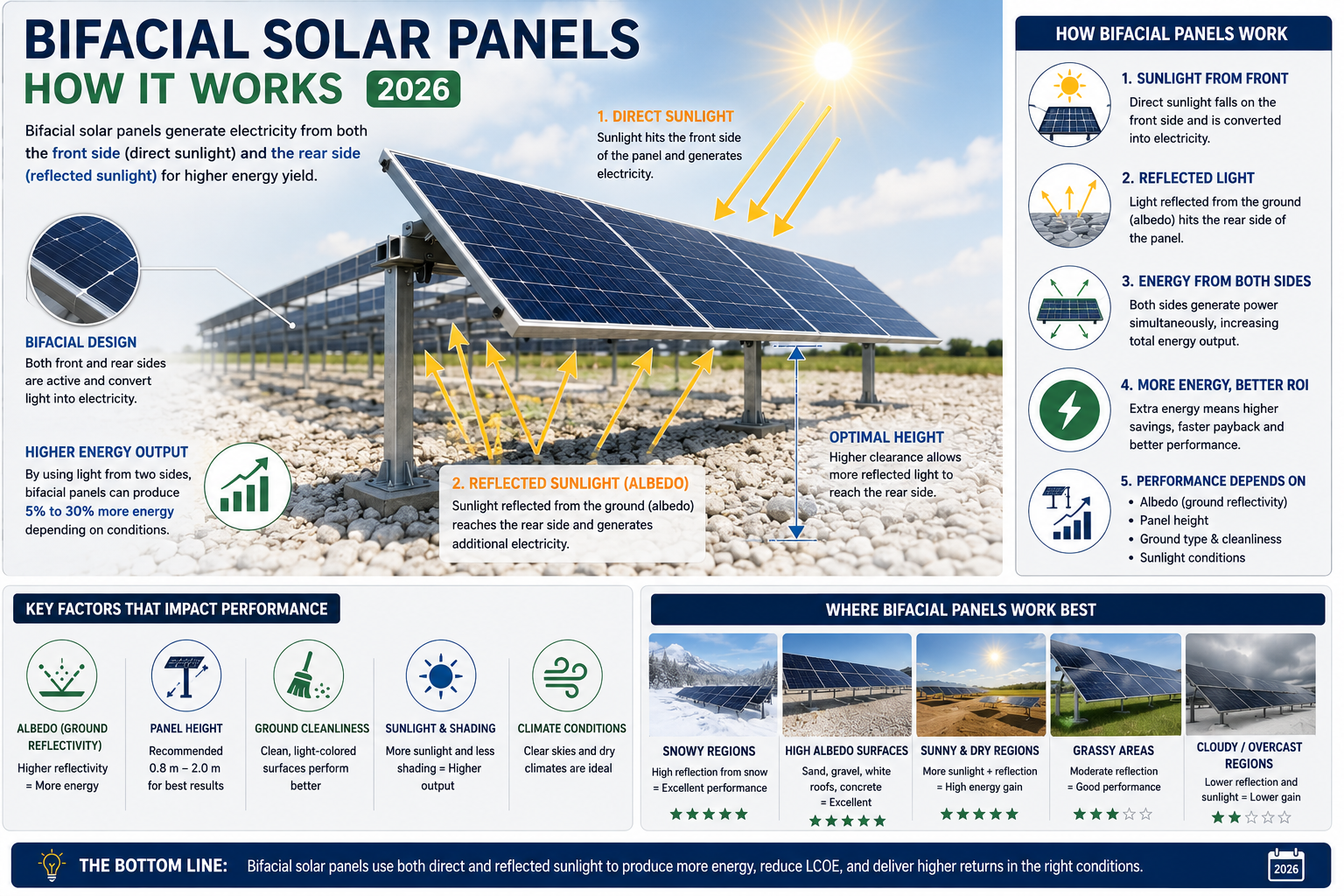 Bifacial solar panel absorbing sunlight from front and reflected light from the rear side