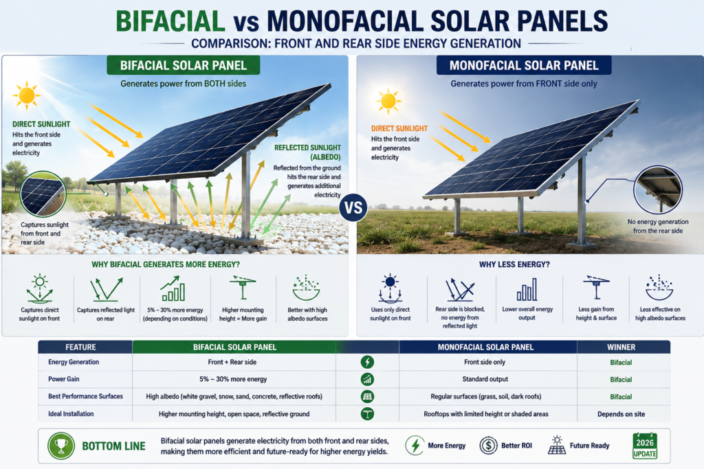 Bifacial vs monofacial solar panels showing front and rear-side energy generation
