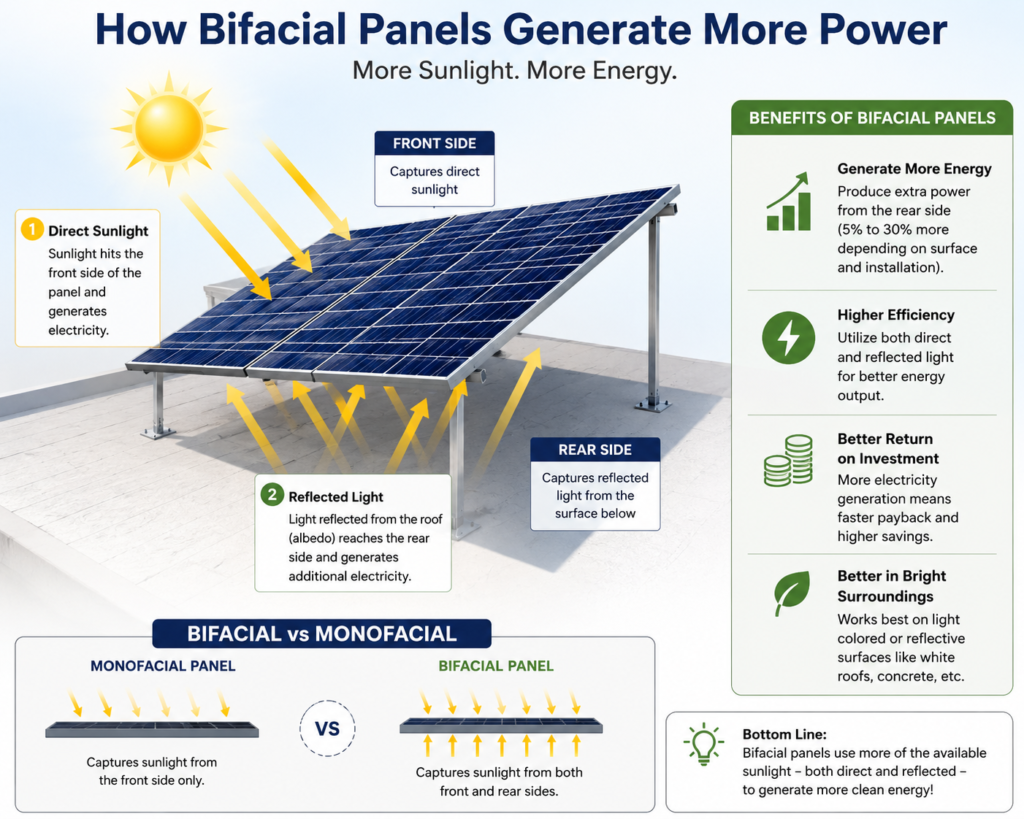 590W bifacial solar panel working with front and rear sunlight