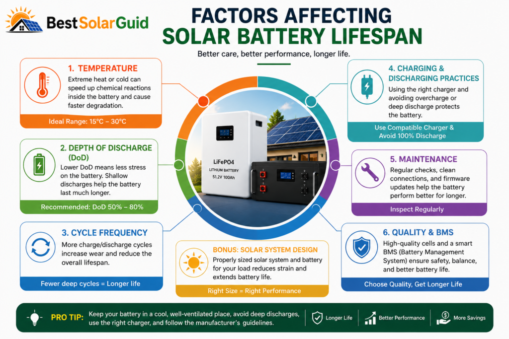 Factors affecting solar panel battery lifespan including temperature, cycles and depth of discharge