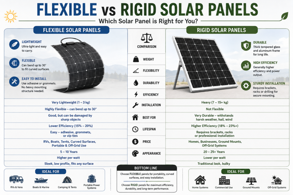 Flexible vs rigid solar panels comparison infographic