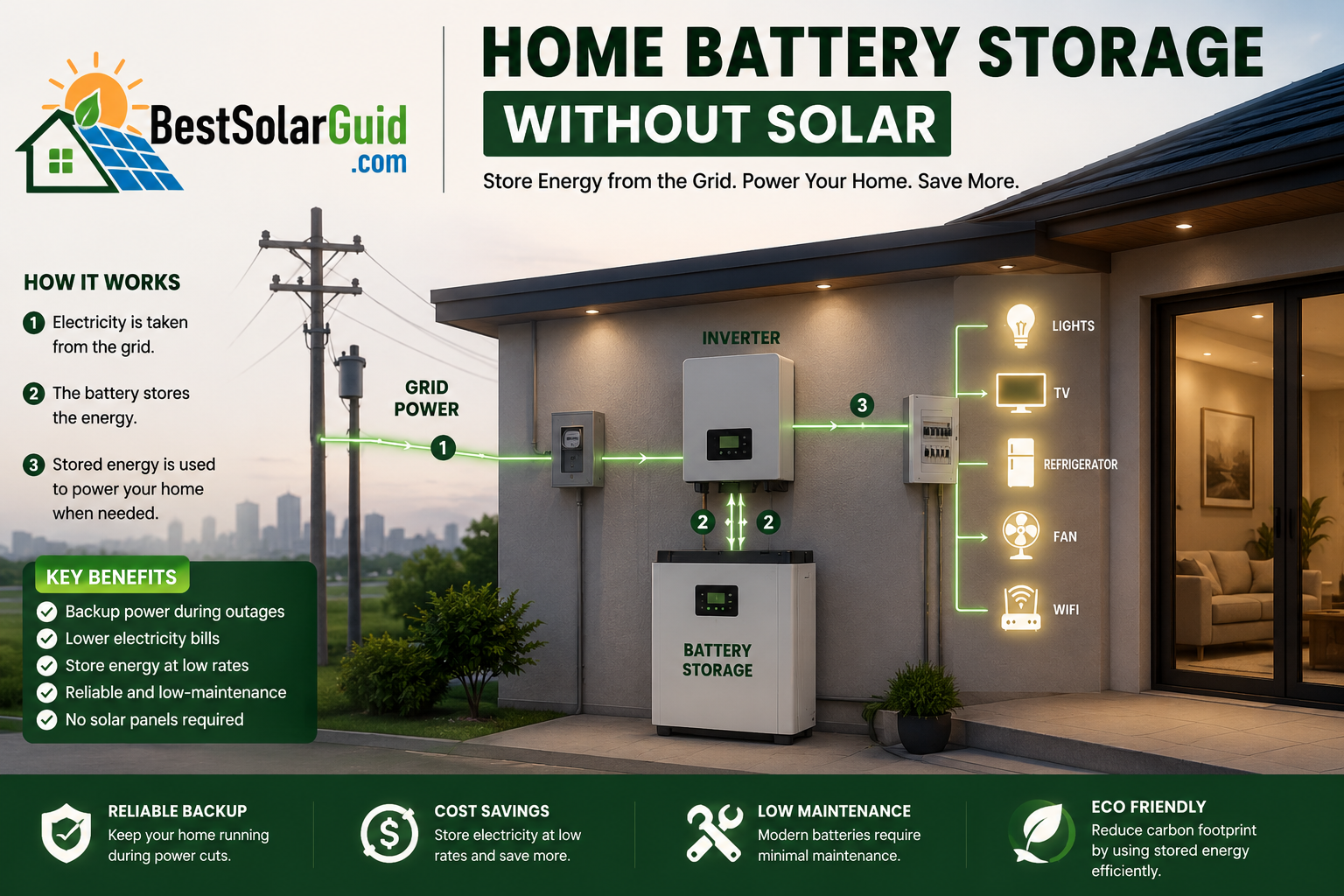 Home battery storage without solar for backup power