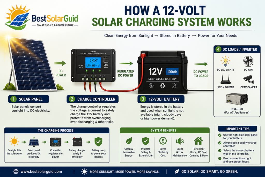diagram showing how a 12V solar battery charger works with a solar panel and charge controller