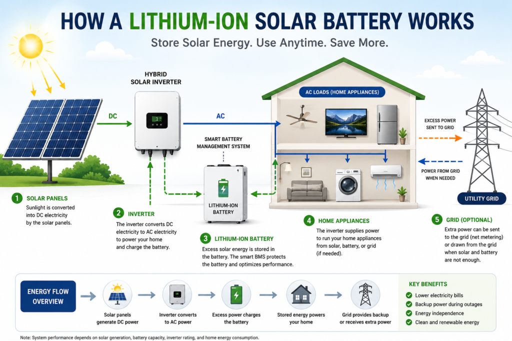 This infographic illustrates how solar panels generate electricity, how a hybrid inverter manages energy flow, how a lithium-ion battery stores excess solar power, and how electricity is supplied to home appliances and the utility grid.





































this image shows steps how lithium-ion solar battery works

