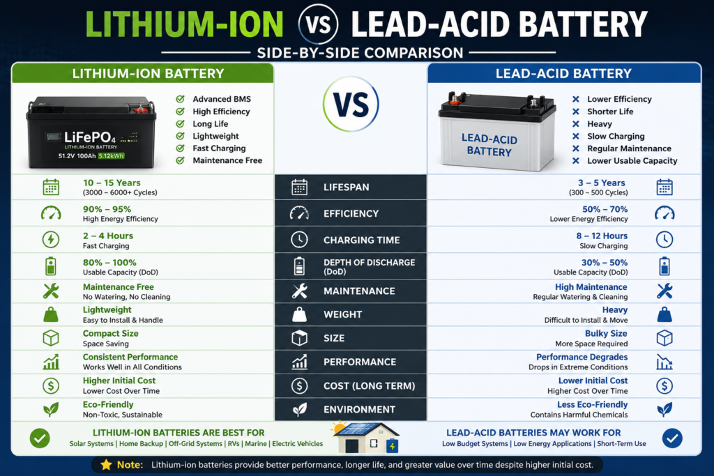 comparison of lithium-ion solar battery and Lead-Acid battery