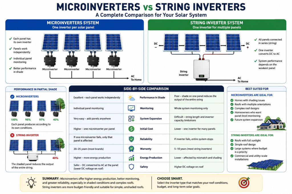 Comparison between solar panel microinverters and string inverters.