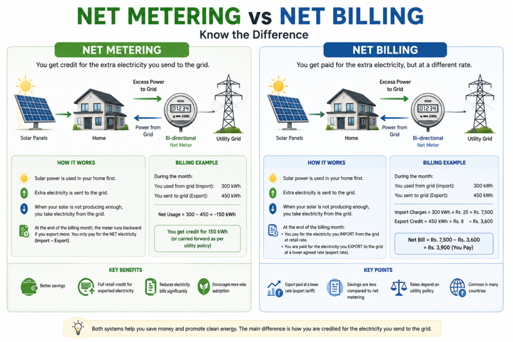 this image shows the difference between net metering and net billing