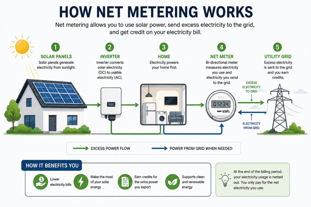 this image shows steps for how net metering works
