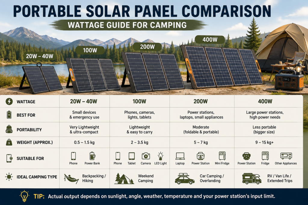 Portable solar panel wattage comparison for camping from small to high-power panels