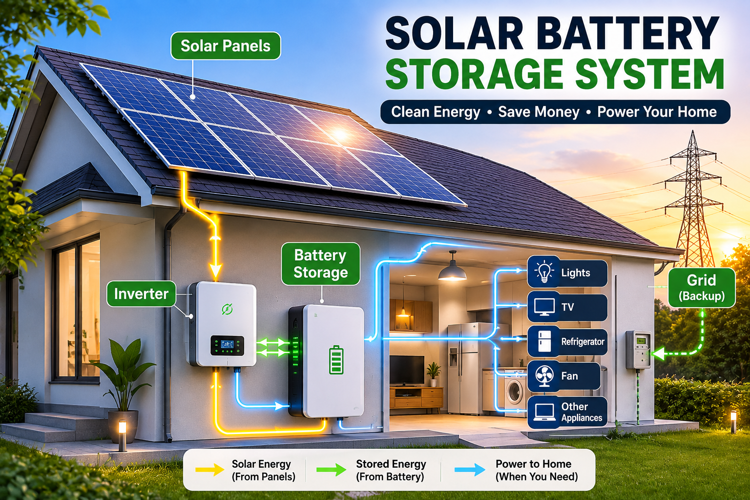 Home solar battery storage system with solar panels and battery backup
