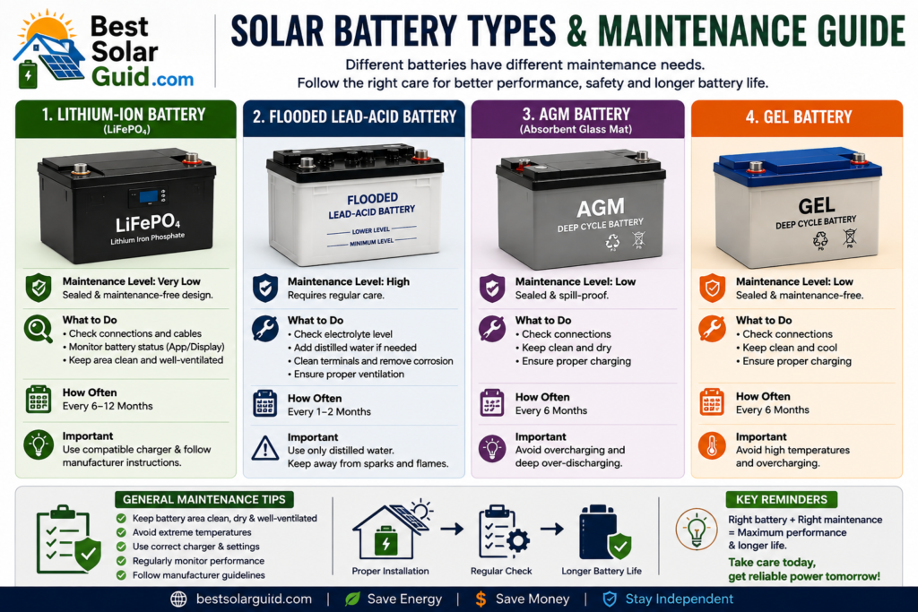 Different solar battery types and their maintenance requirements