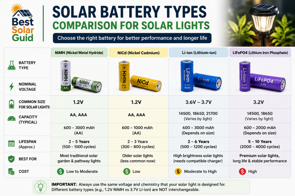 types of solar batteries for solar lights including NiMH lithium ion and LiFePO4