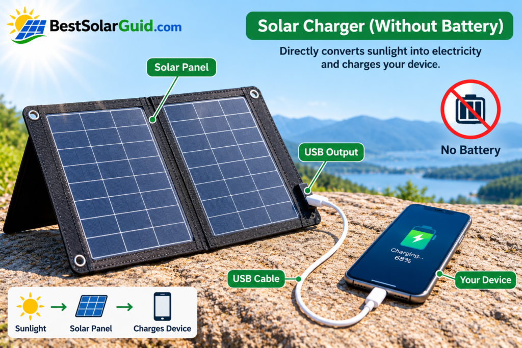 Solar charger without battery for direct sunlight phone charging.