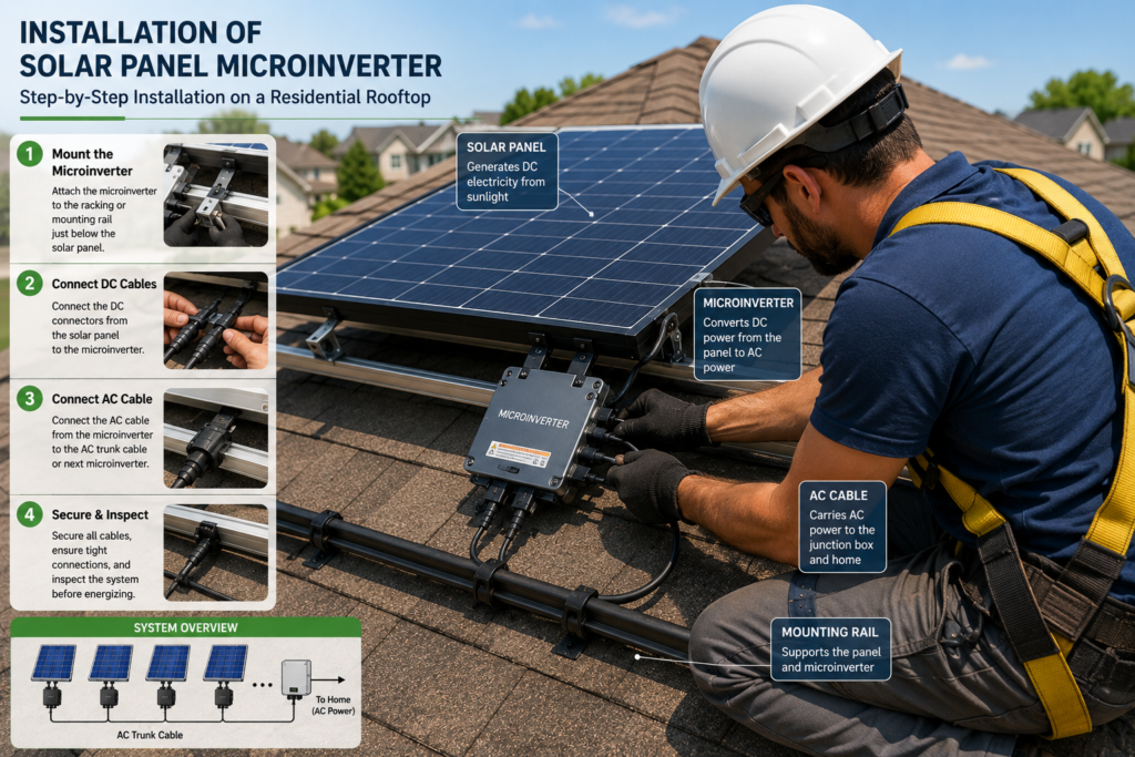 Installation of a solar panel microinverter on a residential rooftop.