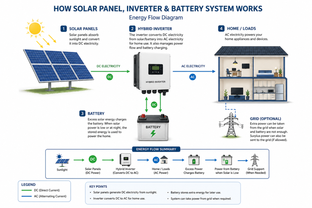 how solar panel battery and inverter system works