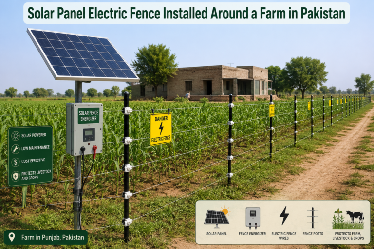 Solar panel electric fence installed around a farm in Pakistan
