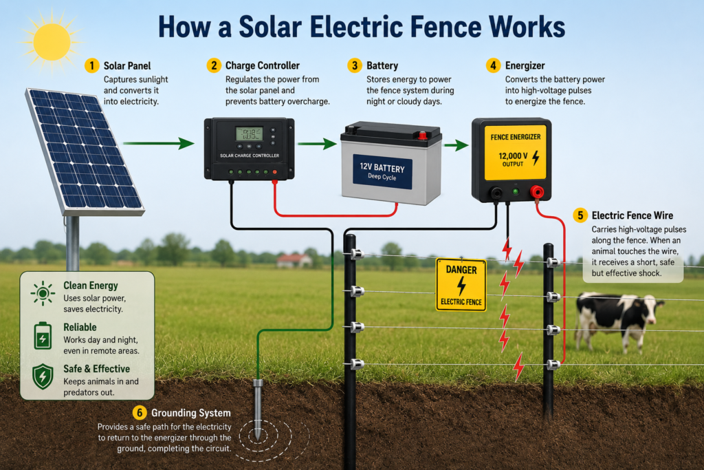 Solar panel electric fence working diagram showing solar panel battery energizer and grounding system
