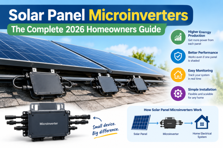 Solar panel microinverters installed beneath rooftop solar panels, with a guide explaining their benefits, operation, monitoring, and installation for homeowners in 2026.