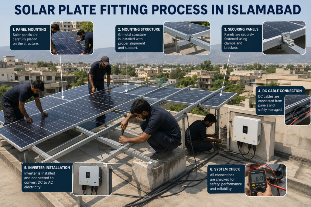 Solar plate fitting and installation process on a rooftop in Islamabad