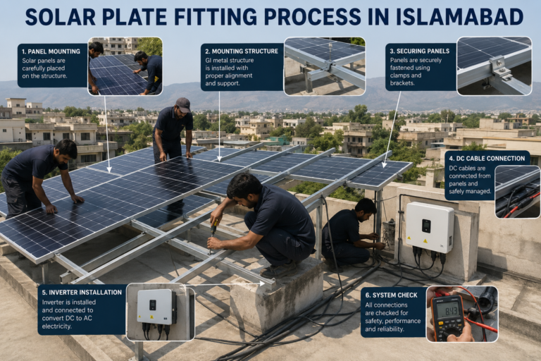 Solar plate fitting and installation process on a rooftop in Islamabad
