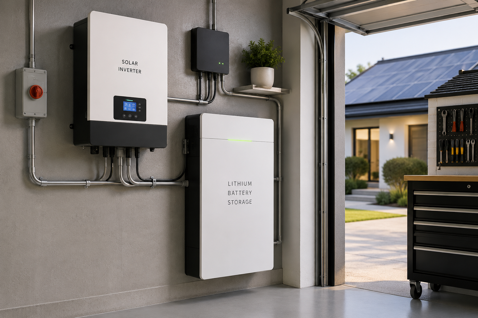 5kWh lithium battery installed in home garage next to solar inverter"