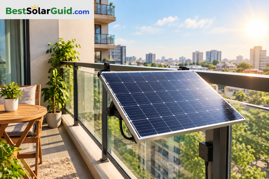 Apartment solar panel mounted on a balcony railing for renters