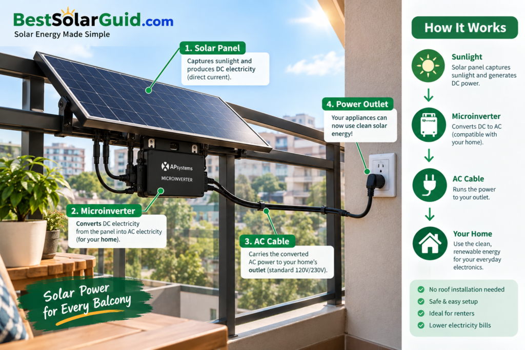 Plug-in balcony solar panel system connected to a wall outlet