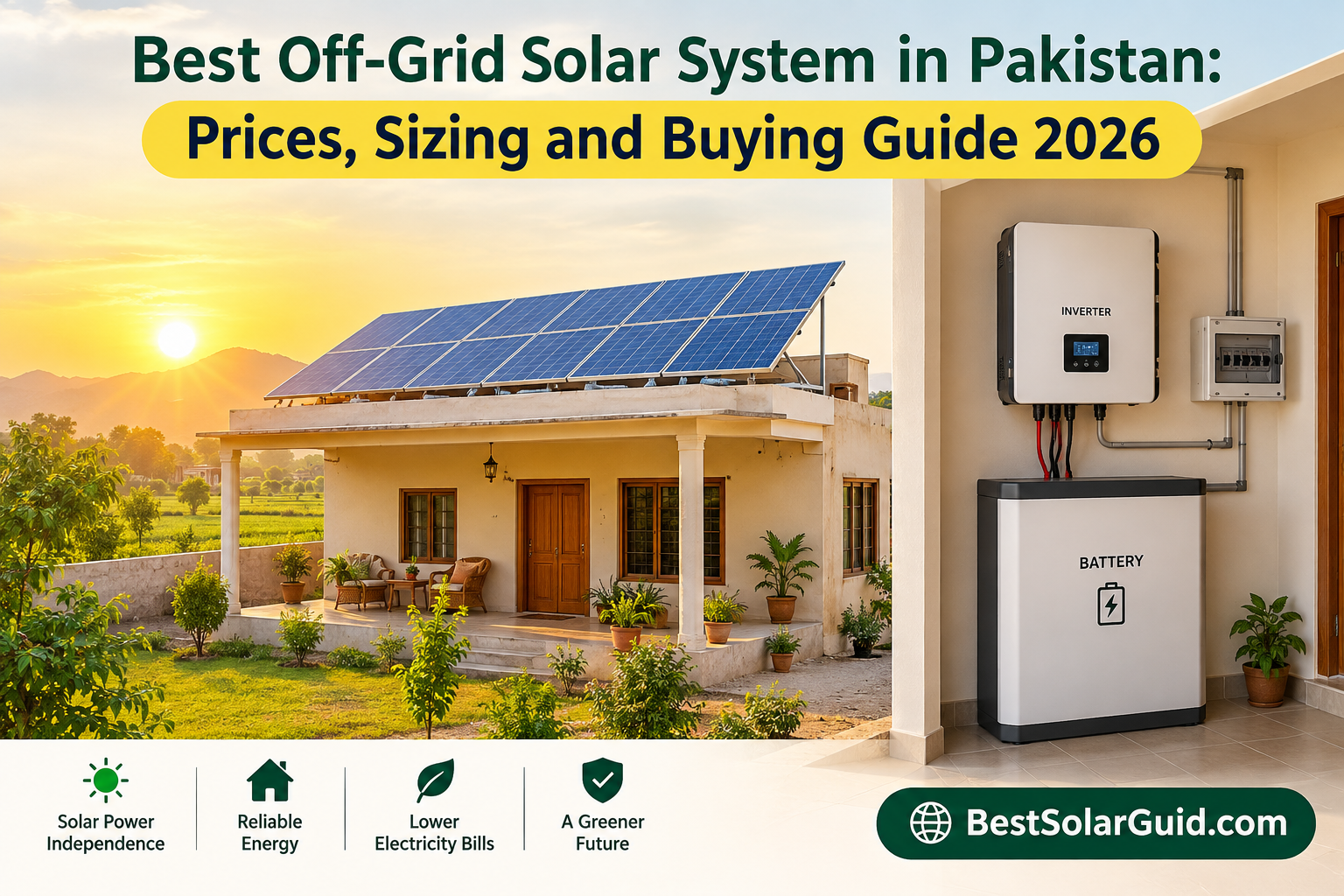Off-grid solar system on a home in Pakistan with rooftop panels, battery and inverter
